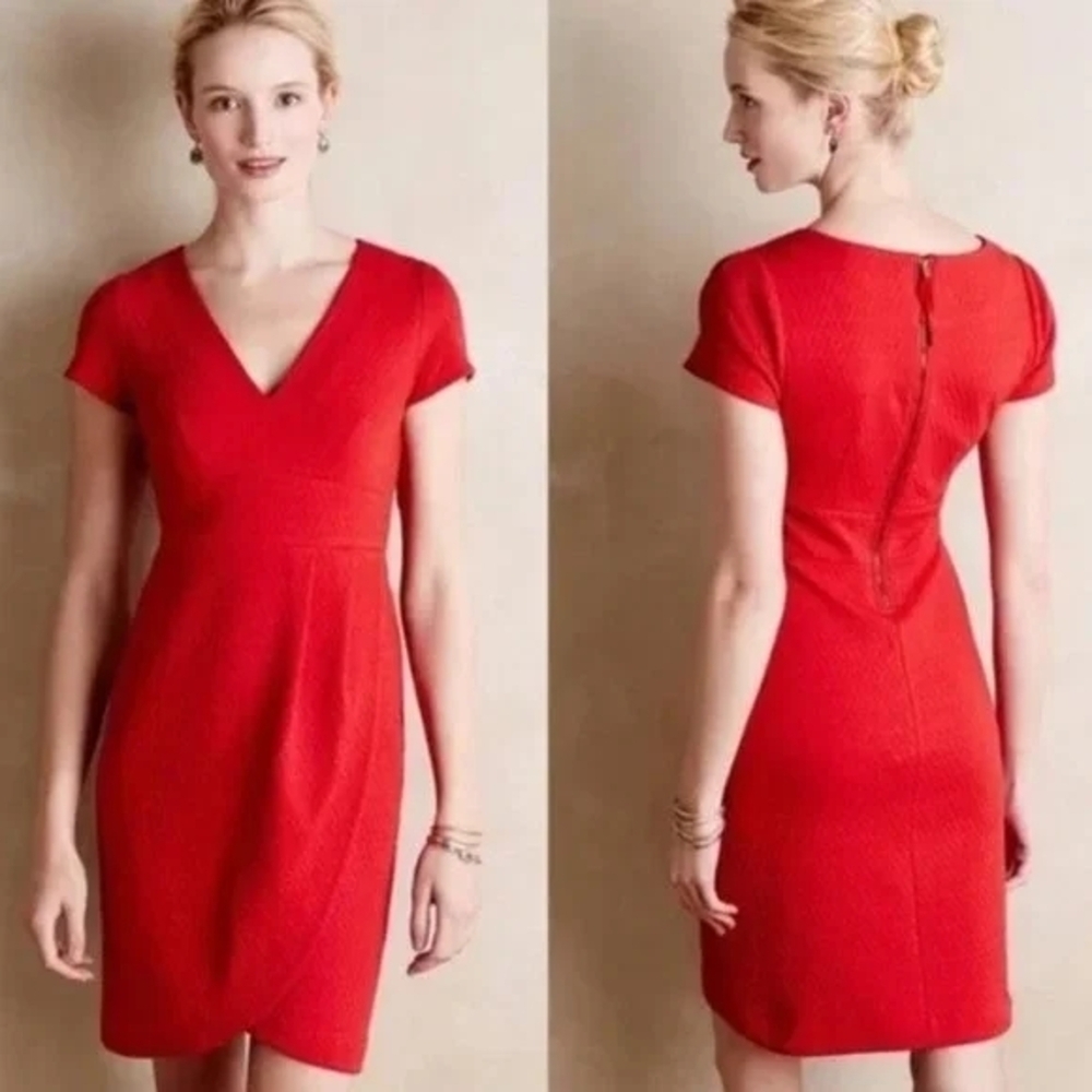 Maeve Red Dress V Neck Baby Doll Style Overlap Bodice Women's Size Small